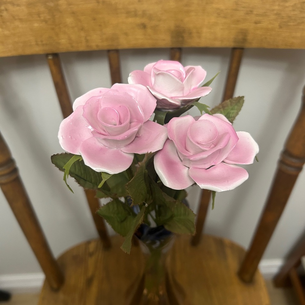 Vintage Ceramic Rose Bouquet of 3 with Plastic & Wire Stems / Pink Flowers